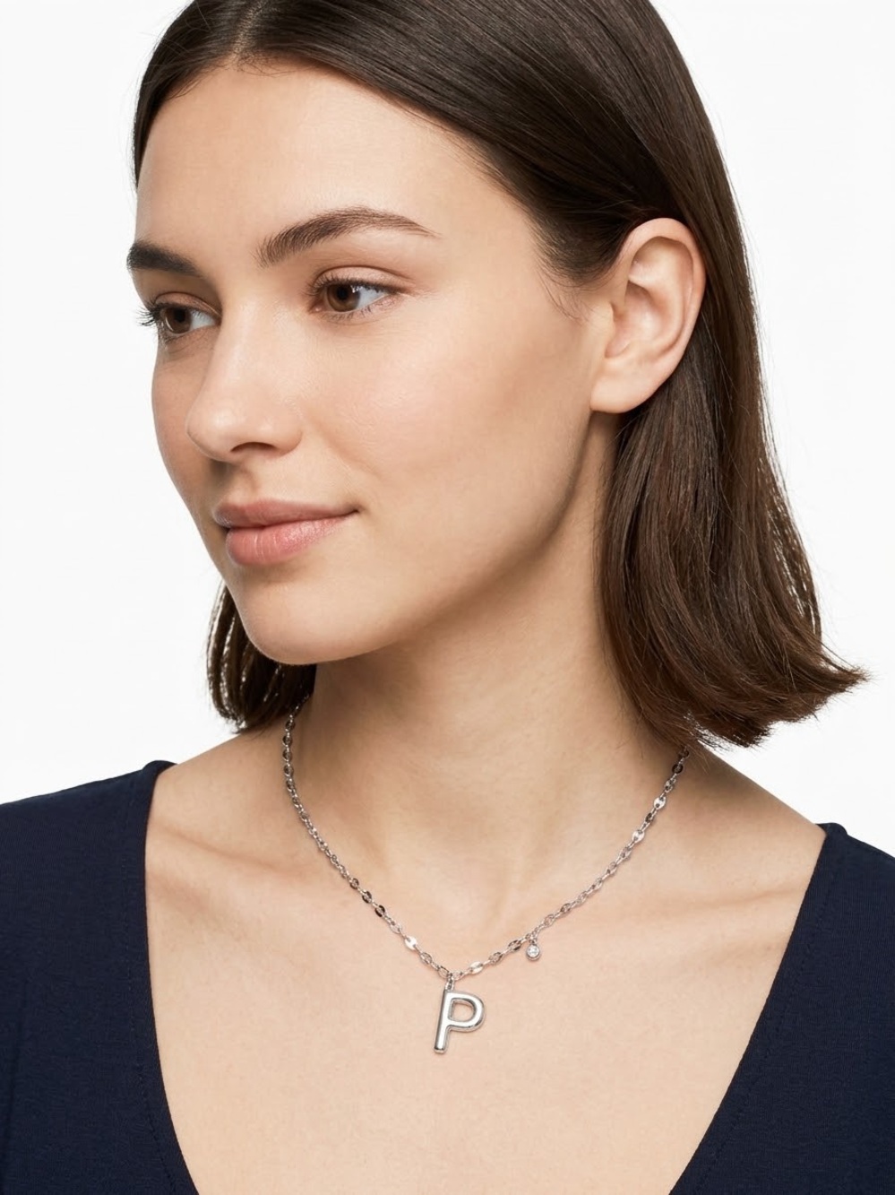 Diamonique Sterling Silver P Initial Necklace in Cream Box New